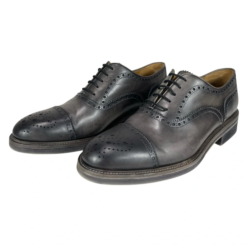 Magnanni Men’s 10.5 Gray Black‎ Leather Cap Toe Brogue Oxford Dress Shoes